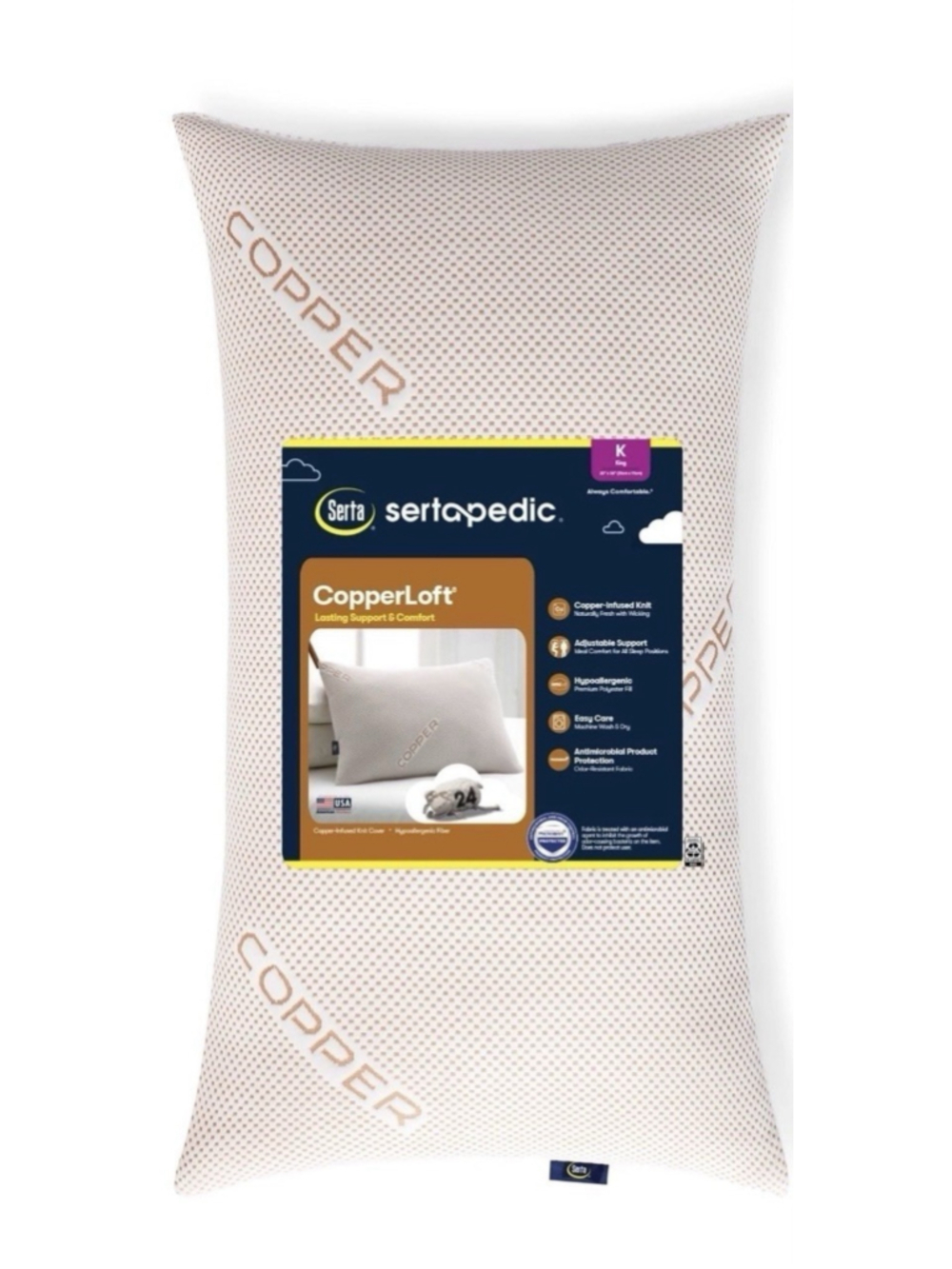 Sertapedic CopperLoft Pillow With Copper Infused Cover King Sized Pillow